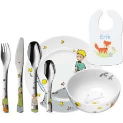 Schnullireich Geschenkset Mit Namen Kleiner Prinz: WMF Kinderbesteck + Teller/Schale+ Lätzchen Silber